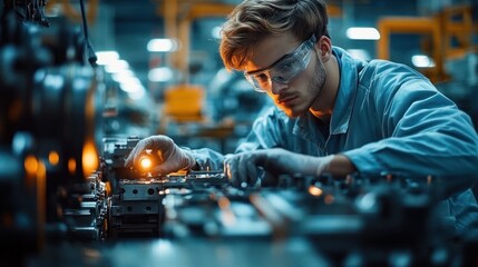 Engineer Assembling Electric Vehicle Battery Cells in Factory