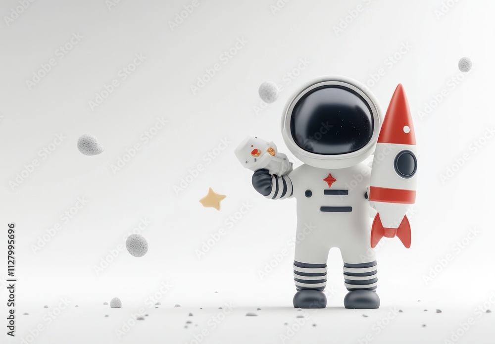 Poster Cute astronaut holding rocket and spaceship model in space.