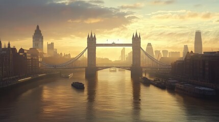 Tower Bridge sunrise, London skyline, river reflections.