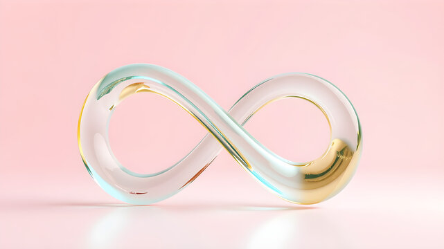 Modern translucent glass infinity icon, with pastel turquoise and yellow hues, floating mid-air on a clean pastel pink background, rendered in ultra-clear 8K