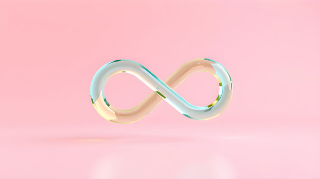 Modern translucent glass infinity icon, with pastel turquoise and yellow hues, floating mid-air on a clean pastel pink background, rendered in ultra-clear 8K