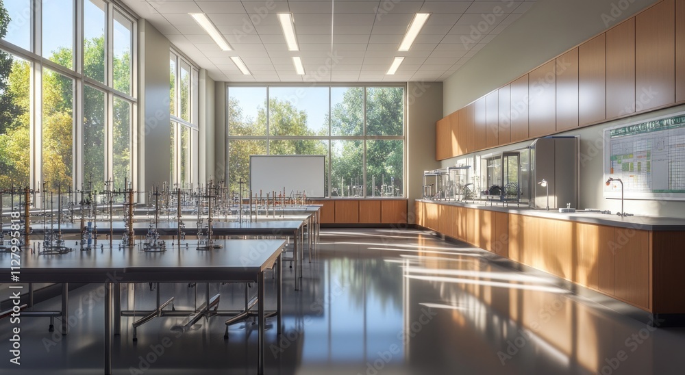 Poster sunlit modern science lab classroom with lab equipment and large windows.