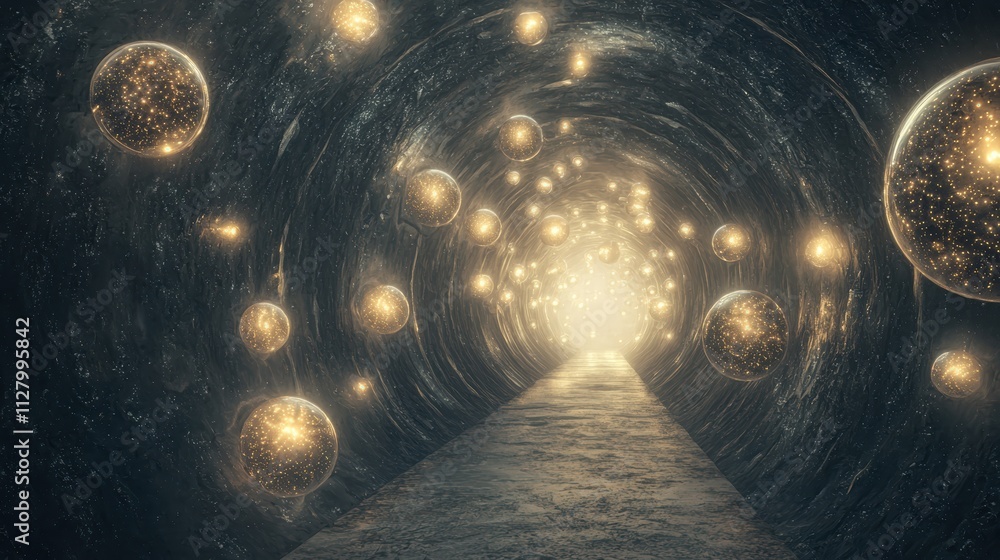 Poster enchanted tunnel with floating spheres and ethereal light effect