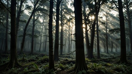 Fototapeta premium Sunlight filters through a dense canopy of trees, casting ethereal beams of light across the misty forest floor. The air is thick with mystery and tranquility.