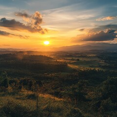 a scenic view of beautiful sunset seen of the hill