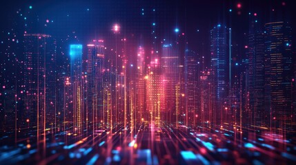 Obraz premium Futuristic cityscape with glowing digital lines and particles.