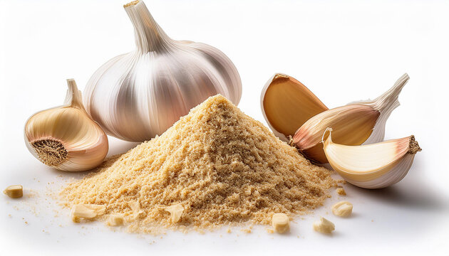 pile of ground garlic and a head of garlic with cloves on a white background