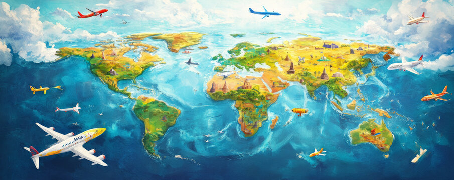 colorful world map with cartoon style airplanes flying across continents, showcasing landmarks, oceans, and vibrant skies, evoking sense of adventure and exploration