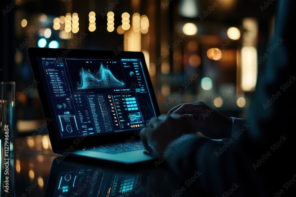 Aufkleber person using laptop with data analytics charts at night.