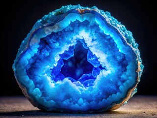 Illuminated Brazilian geode's deep blue crystals glow in the dark, a stunning mineral specimen closeup.