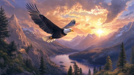 Fototapeta premium A bald eagle soars over a sunset lake, embodying nature's beauty and freedom in its graceful flight.