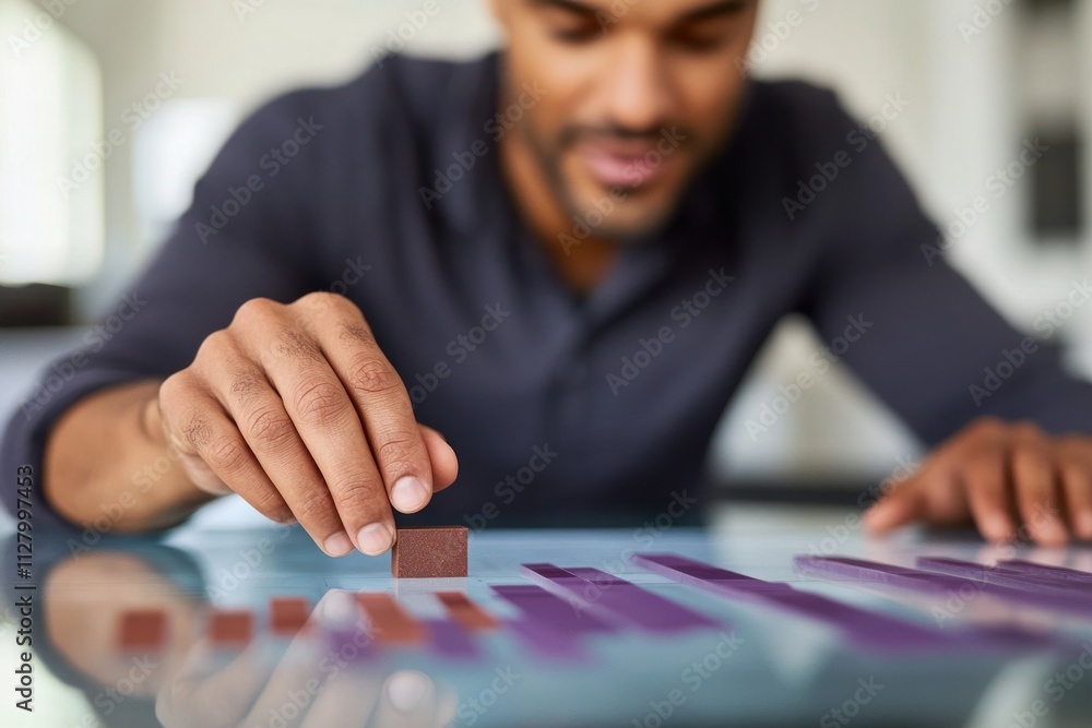 Fototapete man analyzing data with building blocks.