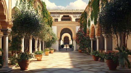 Naklejka premium Sunlit courtyard, plants, columns, arched passage.