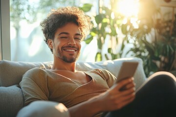 Mature man relaxing on couch using smartphone at home smiling while checking social media and shopping online