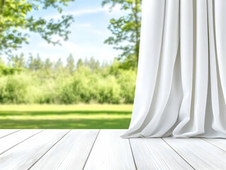 White Curtain, Wooden Floor, Green Landscape Illustration