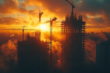 cranes and buildings under construction against the setting sun
