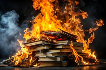 Burning pile of book with flame and smoke. Censorship and knowledge destruction
