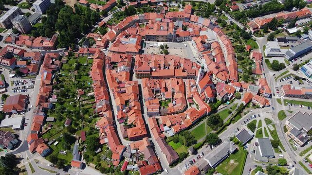 Prachatice old town from above, iconic red roofs and charming Czech architecture