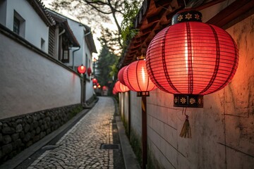 Red lantern hang along traditional alley at night. Festive decoration and cultural celebration