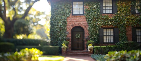 Ivy-covered brick house with arched entryway and wreath.