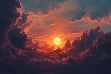 Fototapeta premium A vibrant sunset scene with dramatic clouds and a glowing sun at the horizon.