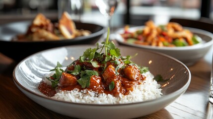 Close-up of delicious chicken curry served over fluffy white rice, garnished with fresh cilantro, alongside other dishes.