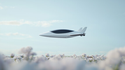 Futuristic Flight: A sleek, white futuristic plane soars through the sky, casting a shadow over a field of white flowers. The image evokes a sense of progress, innovation, and a boundless future.