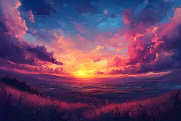 A vibrant sunset over rolling hills, showcasing colorful clouds and a serene landscape.