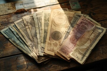 Old, vintage banknotes fanned out on a wooden surface, illuminated by sunlight.