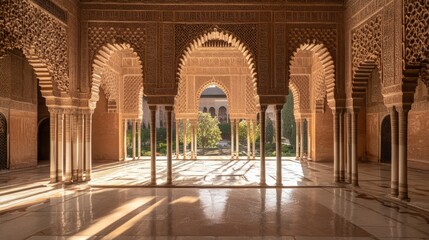 Ornate arches, columns, sunlit courtyard.