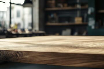 Close-up of a wooden tabletop in a workshop setting.