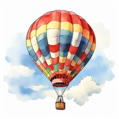 Obraz premium A colorful hot air balloon floats in a bright sky, surrounded by fluffy clouds, evoking a sense of adventure and freedom.