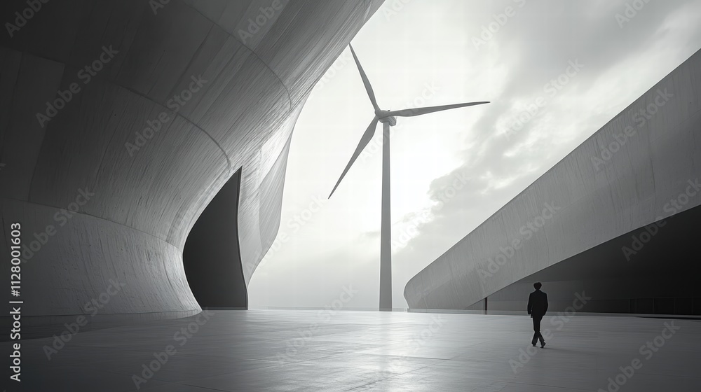 Poster minimalist landscape with wind turbine and abstract structures