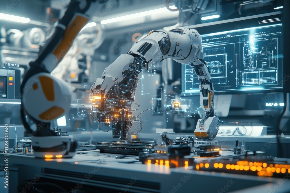 Poster robotic arm assembling circuit board in futuristic factory.