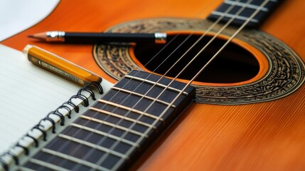 Obraz premium Closeup of an acoustic guitar with the strings visible, a notebook and pencil placed on top, symbolizing song writing in the music creation process. 