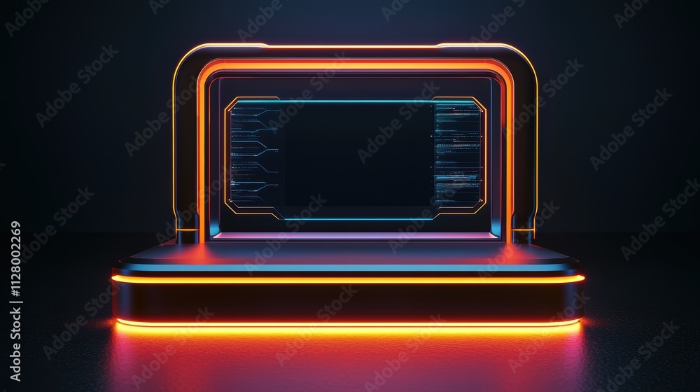 Poster futuristic display stand with neon lights and digital interface