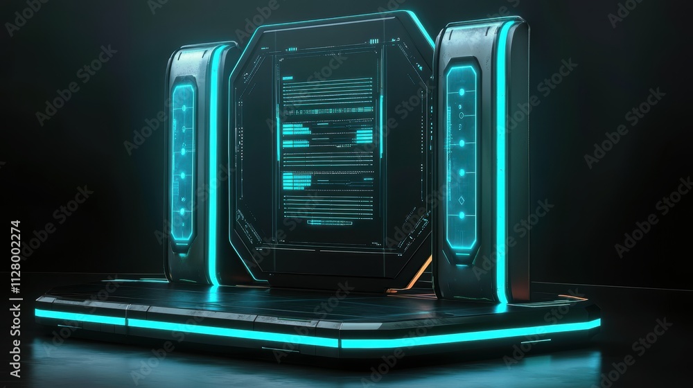 Poster futuristic interface with neon lights in dark environment