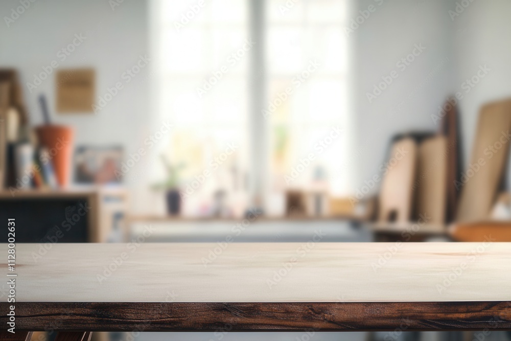 Poster blurred workspace with wooden table and background elements.