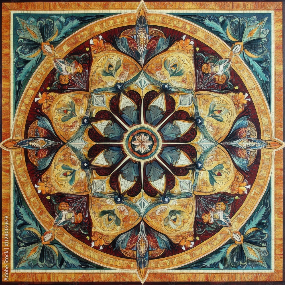 Poster intricate floral mosaic design with colorful patterns and details