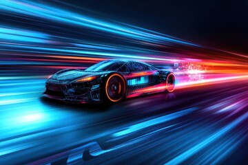 Fototapeta premium Futuristic sports car speeding, light trails.