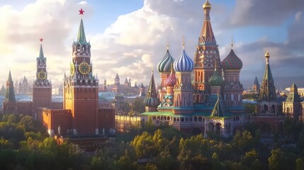 Naklejka premium Red Square, Moscow; iconic churches, Kremlin towers.