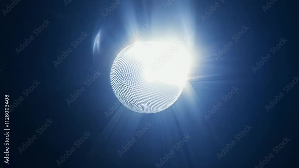 Poster camera rotates around a sphere of light emitting beams into darkness, sharp contrast creates dynamic