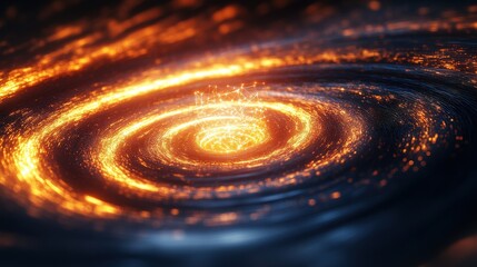 A vibrant spiral of glowing particles simulating a cosmic scene, showcasing swirling energy and light in an abstract representation of a galaxy.