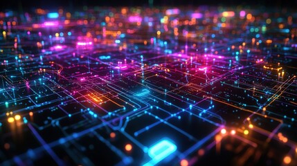 A vibrant, abstract representation of digital connections, illuminated by colorful lights, symbolizing technology and data flow in a network.