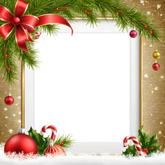 Merry Christmas greetings Happy New Year wishes and Xmas elegant Christmas card, banner, floral frames, gift boxes, Santa Claus, Christmas decor and blank card on a white background. Space for text.
