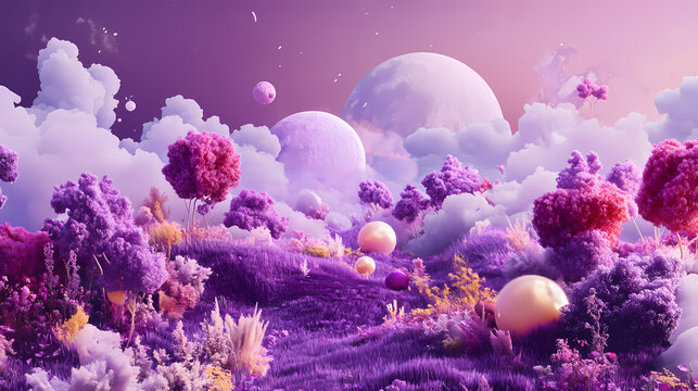 Surreal and dreamlike purpletoned landscape with whimsical elements digital painting. Illusory. Illustration