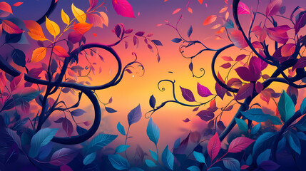 Surreal landscape with colorful leaves and twisting vines at sunset. Illusory. Illustration