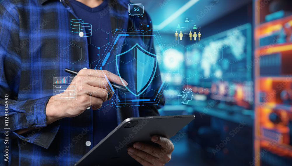 Poster digital security concept with touchscreen technology and data protection