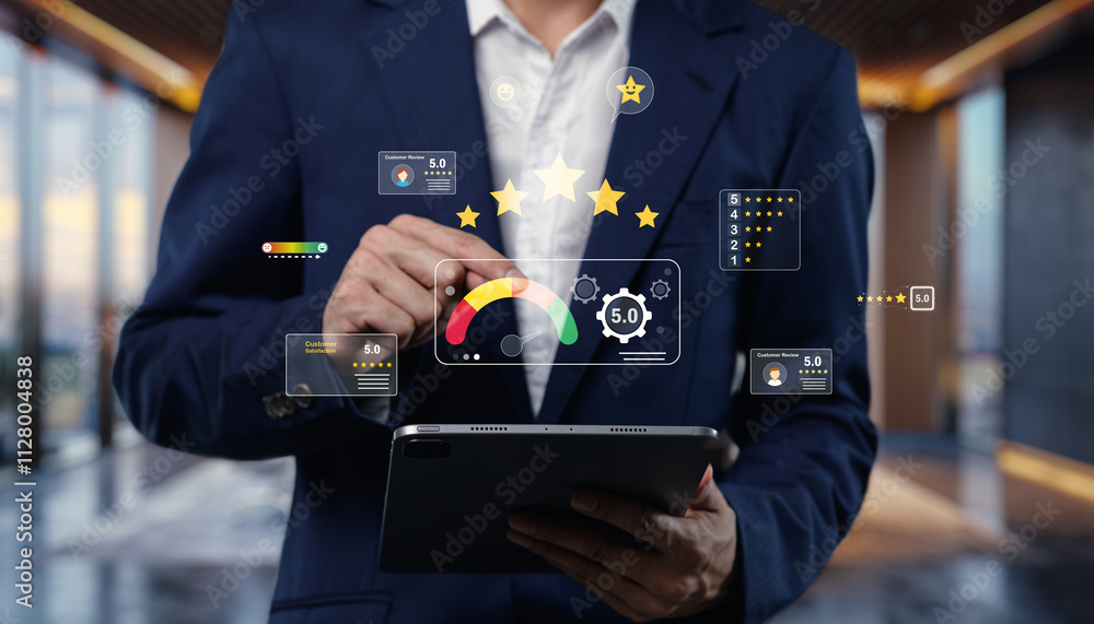 Poster businessperson using tablet for data analysis and performance review