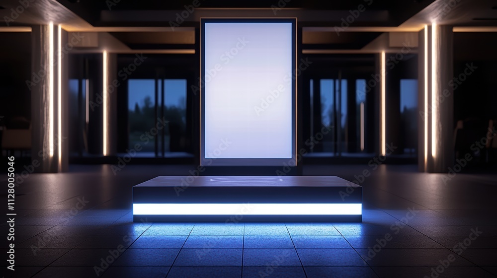 Poster modern display stand with empty screen in stylish space at dusk